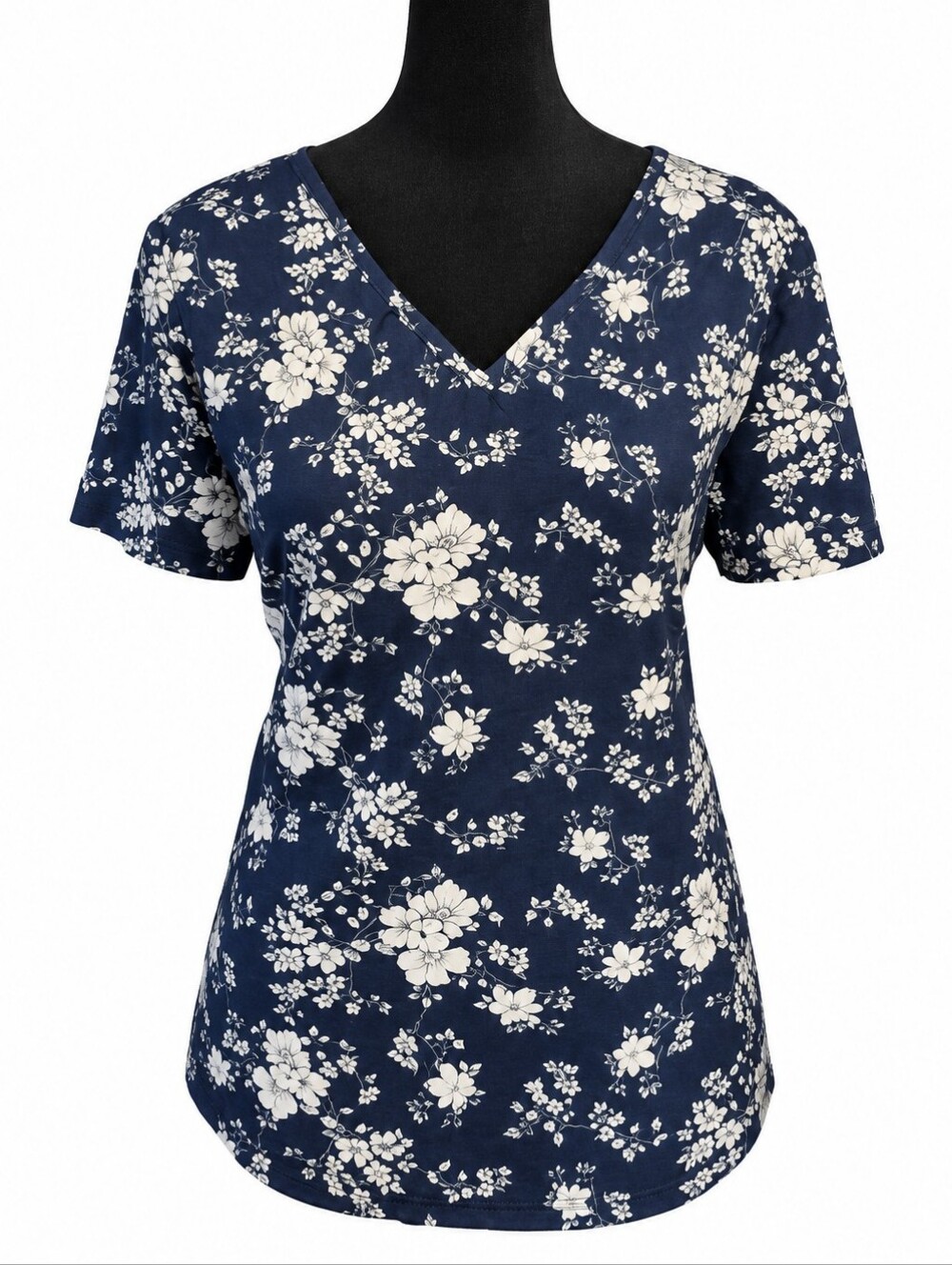 Emery Rose Navy & White Floral V-Neck Top – Women’s Large NWT